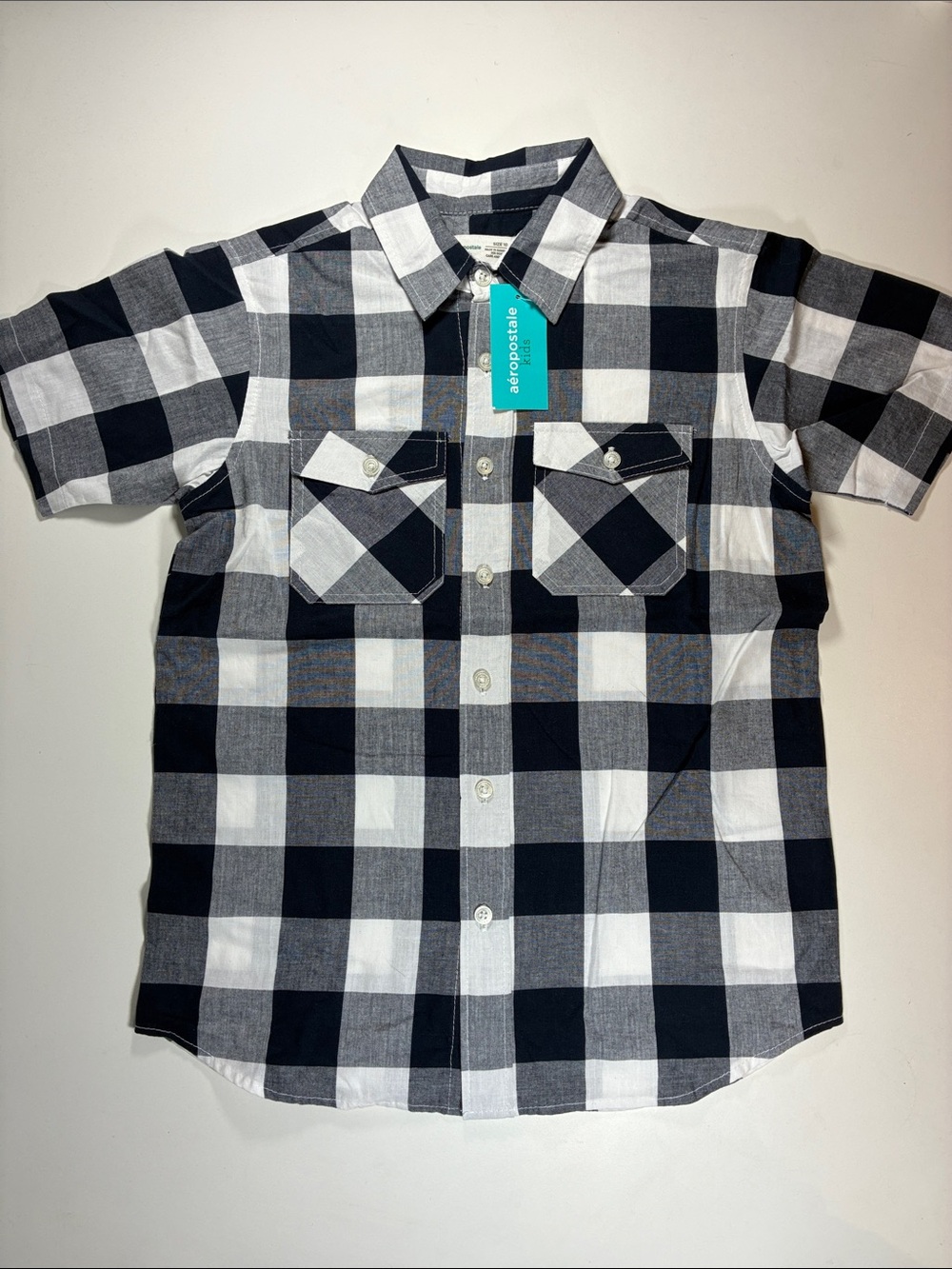 NWT Aeropostale Boys Navy and White Buffalo Plaid Button-Down Shirt, size 10